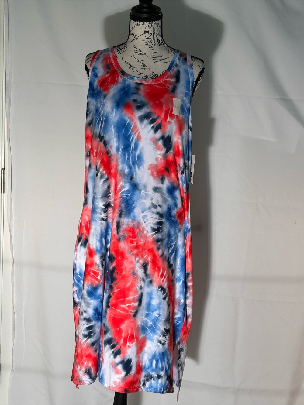 Sleeveless Tie-Dye T-Shirt Dress - Red, Blue & White/Swimsuit Cover Up